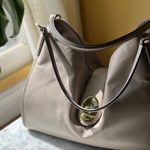 Elegant Neutral Leather Shoulder Bag with Gold-Tone Turn Lock